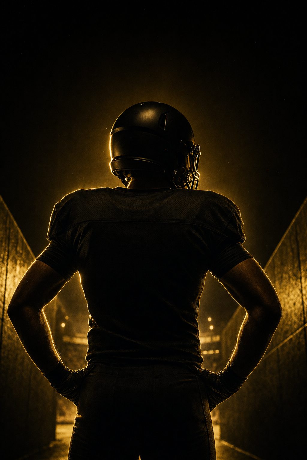 Football player standing in a stadium tunnel, lit by golden light