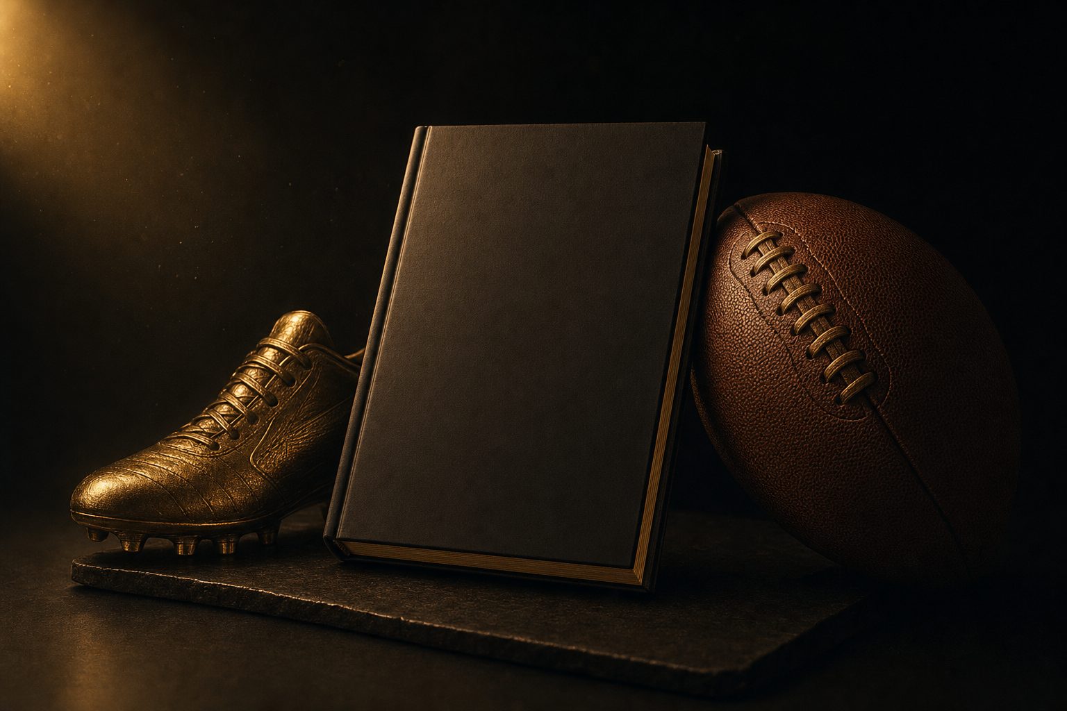A book, football, and cleat arranged as a still life, lit in warm gold